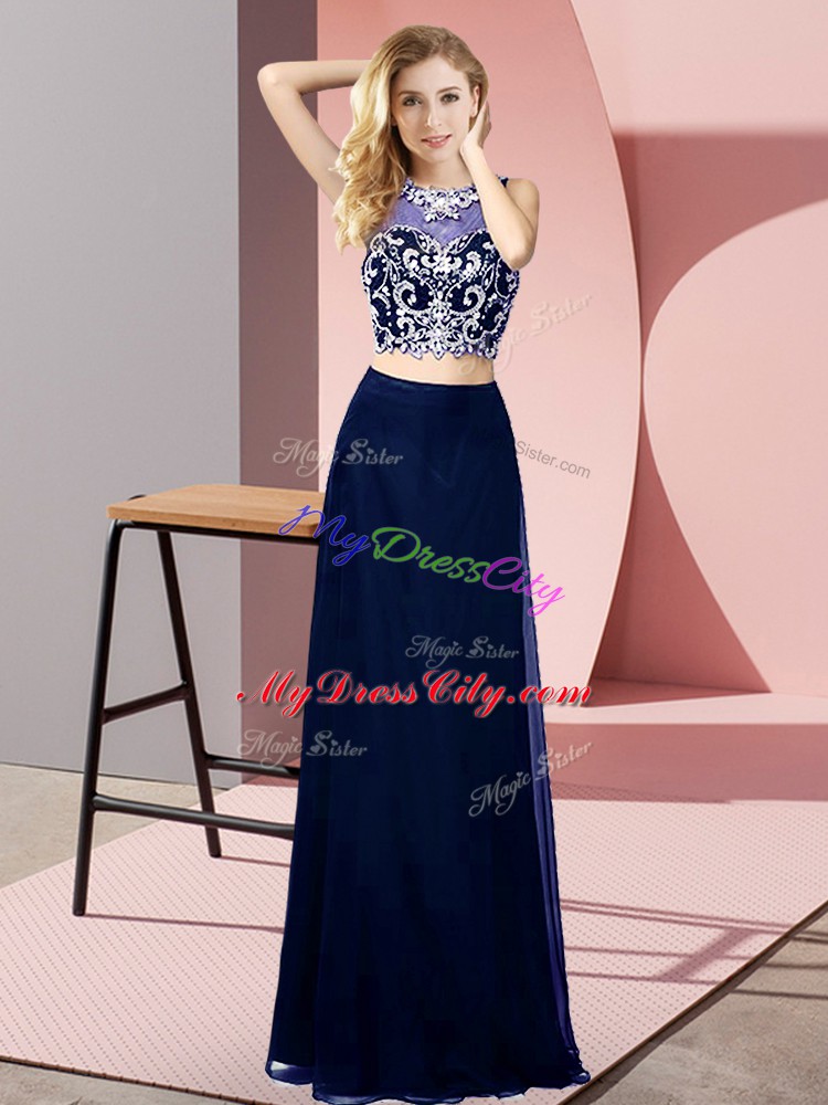 Admirable Blue Backless Womens Evening Dresses Beading Sleeveless Floor Length