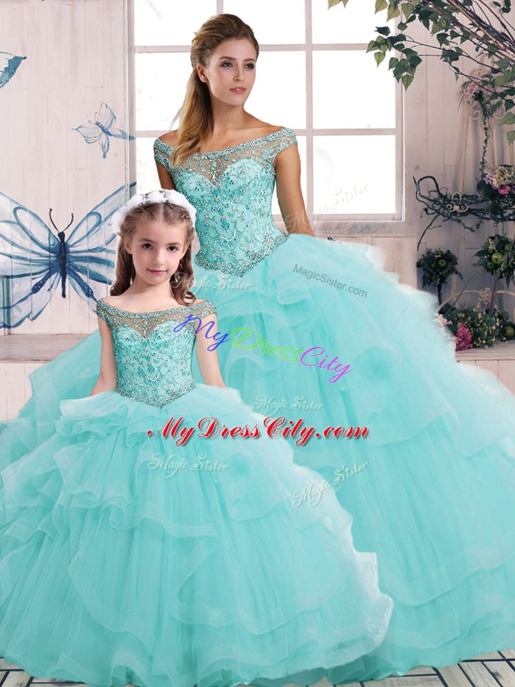 Floor Length Aqua Blue Quinceanera Gowns Tulle Sleeveless Beading and Ruffles