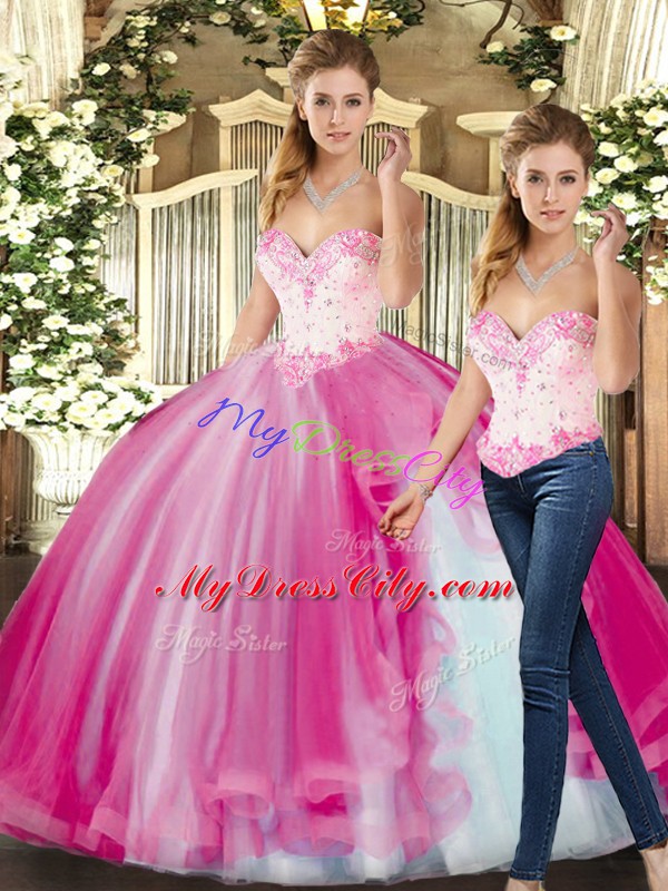 Graceful Fuchsia Ball Gowns Beading Ball Gown Prom Dress Lace Up Tulle Sleeveless Floor Length