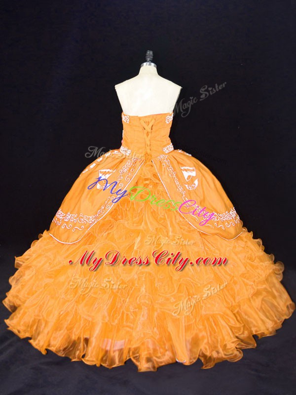 Floor Length Lace Up Quinceanera Dresses Gold for Sweet 16 and Quinceanera with Embroidery and Ruffles