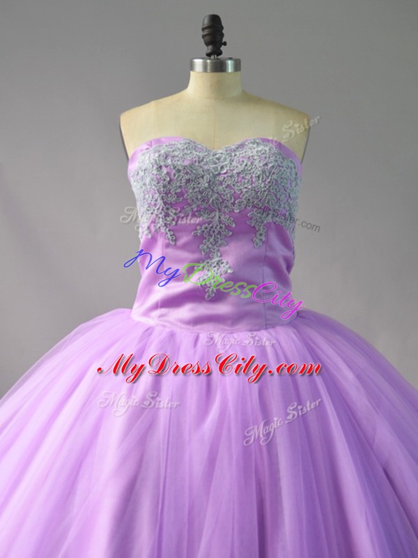 Lilac Tulle Lace Up Sweet 16 Dresses Sleeveless Court Train Appliques