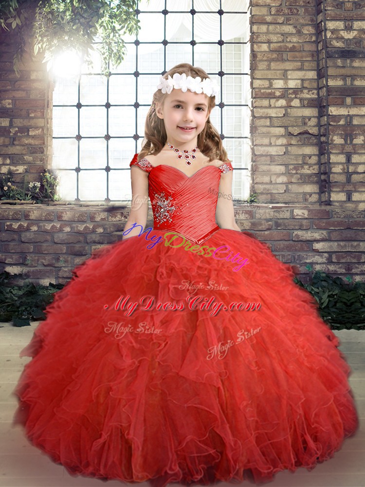 Red Straps Neckline Beading and Ruffles Child Pageant Dress Sleeveless Side Zipper