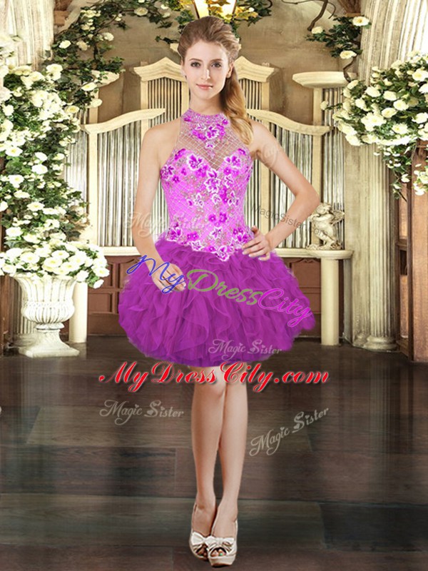 Sweet Fuchsia Sleeveless Mini Length Embroidery and Ruffles Lace Up Prom Gown