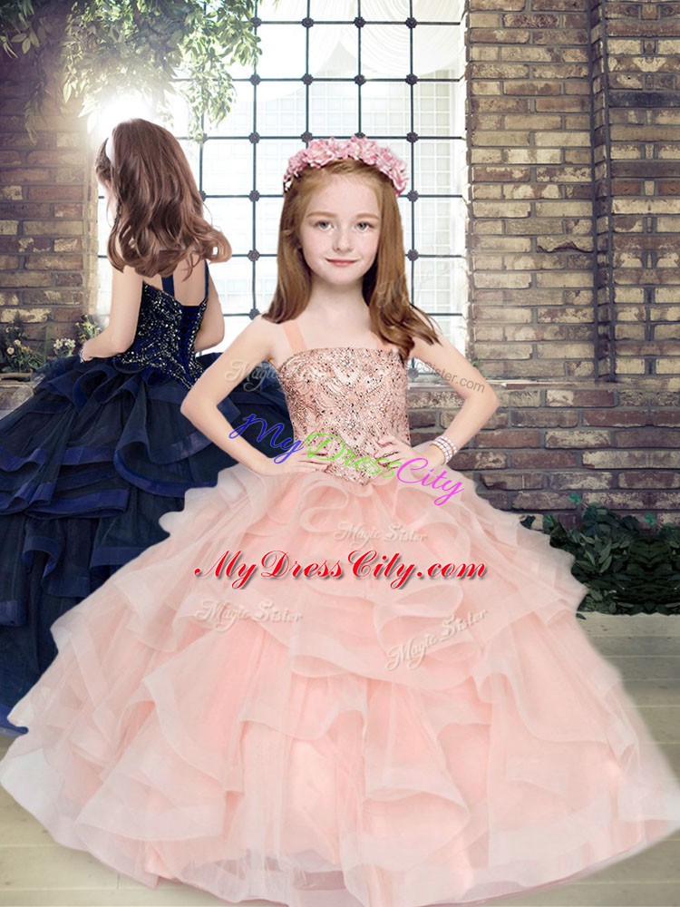 Ball Gowns Little Girls Pageant Dress Wholesale Peach Straps Tulle Sleeveless Floor Length Lace Up