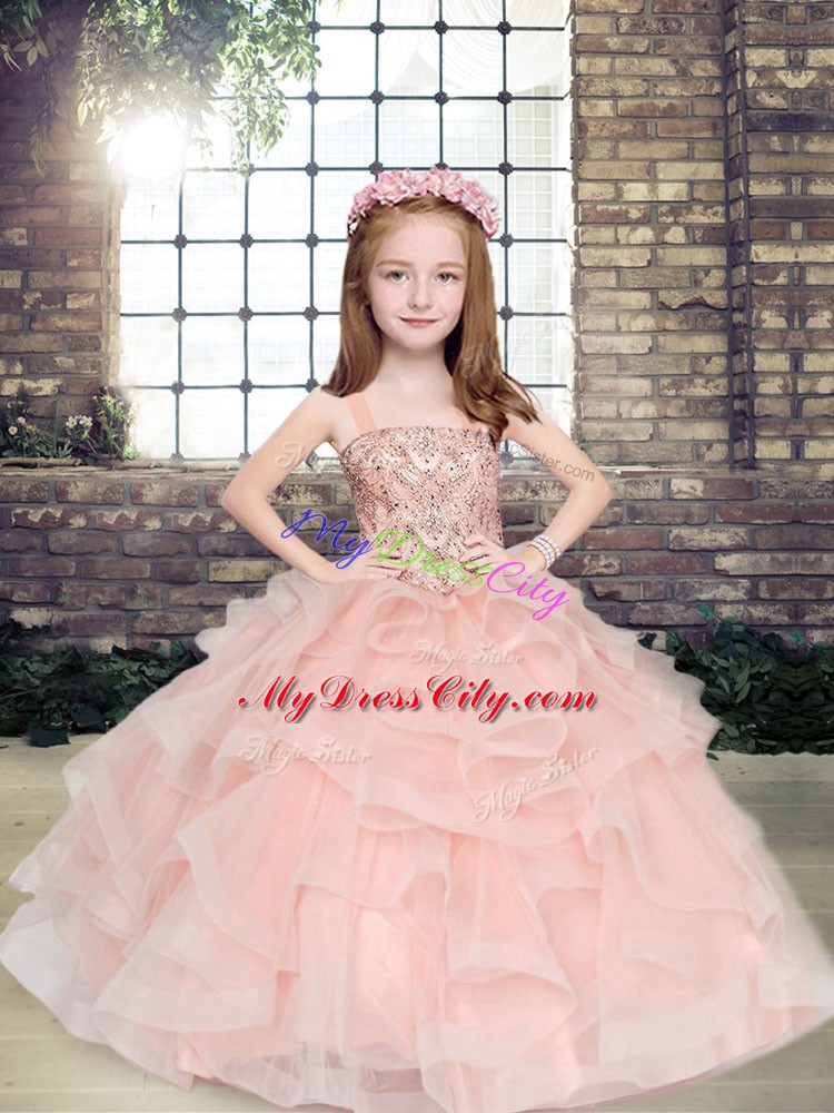 Ball Gowns Little Girls Pageant Dress Wholesale Peach Straps Tulle Sleeveless Floor Length Lace Up