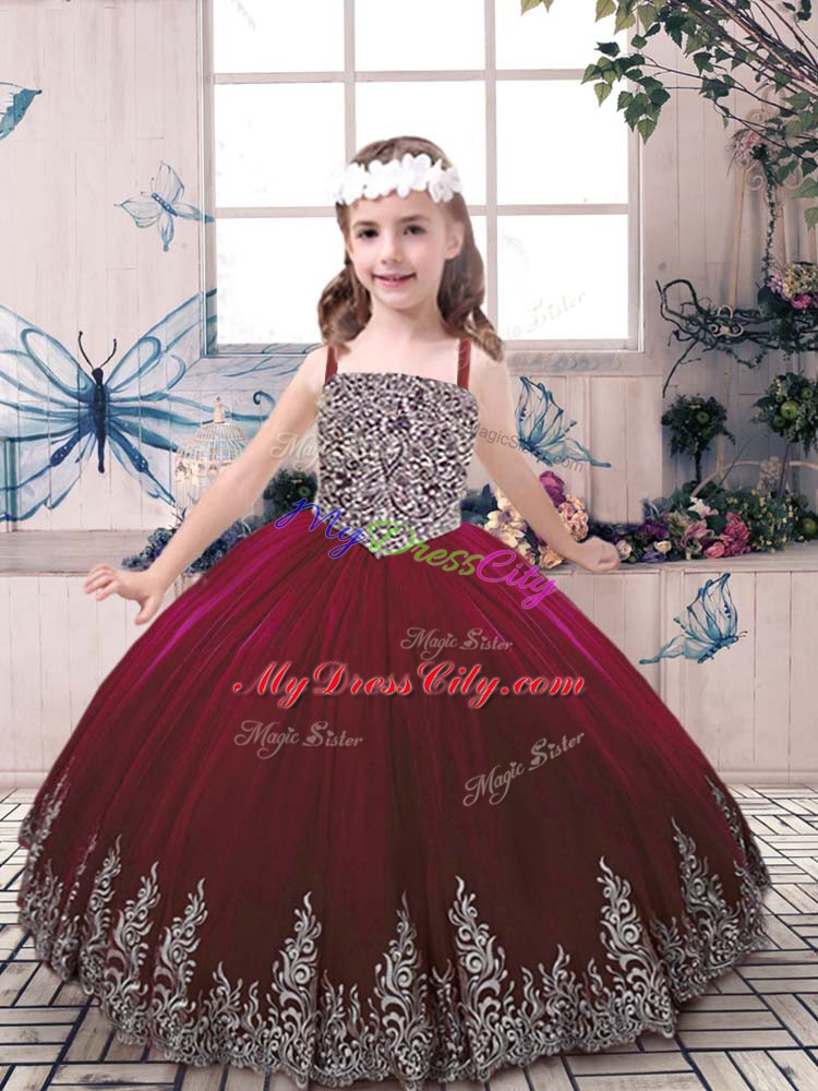 Unique Sleeveless Floor Length Beading and Embroidery Lace Up Little Girl Pageant Gowns with Burgundy