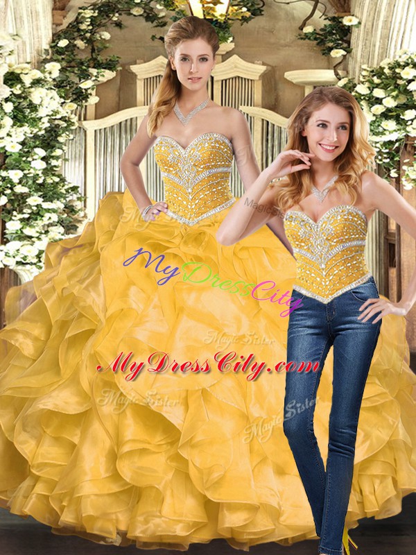 Floor Length Ball Gowns Sleeveless Gold Quinceanera Dresses Lace Up