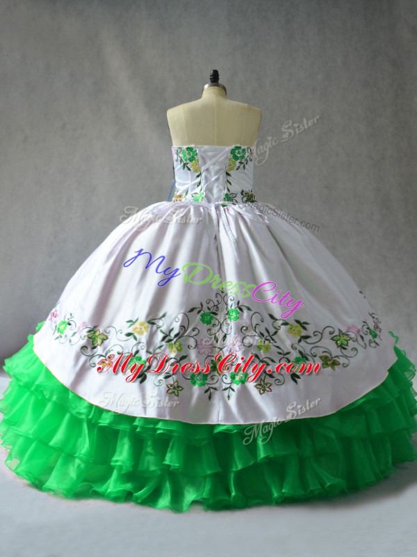 Stylish Green Sweetheart Lace Up Embroidery and Ruffled Layers 15th Birthday Dress Sleeveless