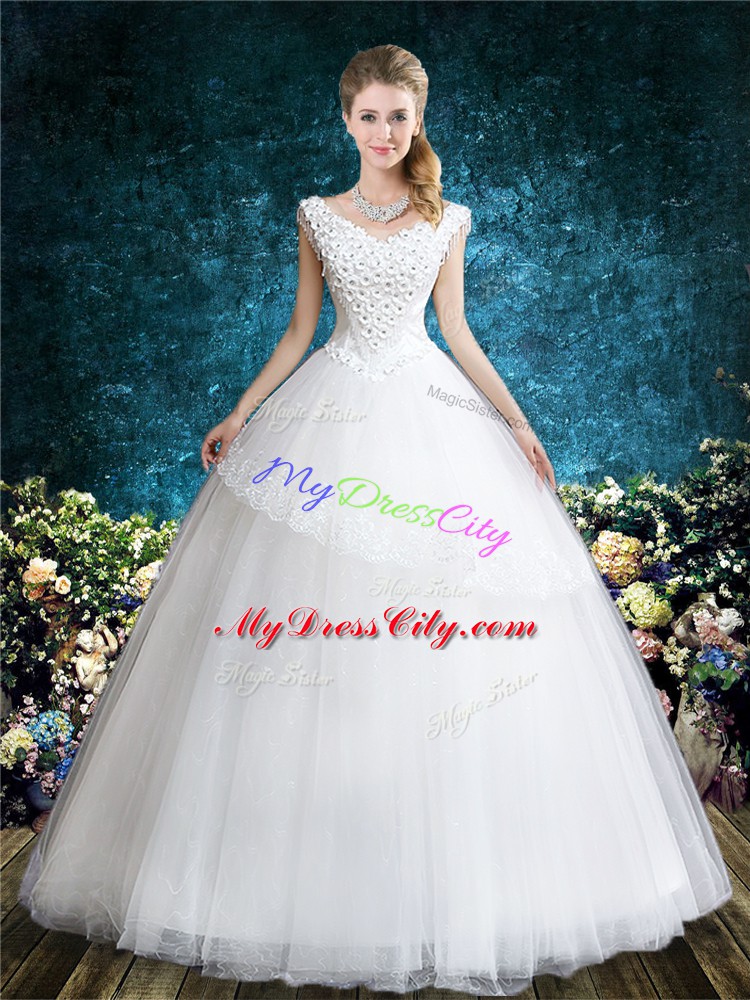 Custom Fit V-neck Sleeveless Lace Up Wedding Dress White Tulle