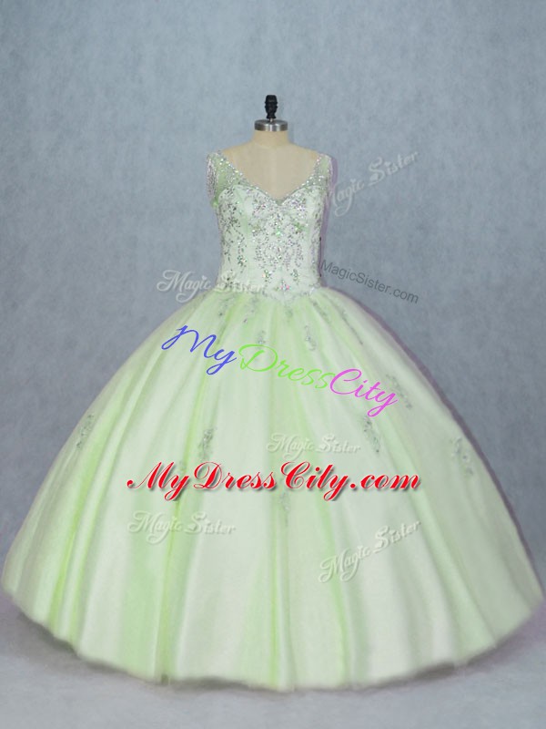 Yellow Green V-neck Lace Up Beading Sweet 16 Quinceanera Dress Sleeveless