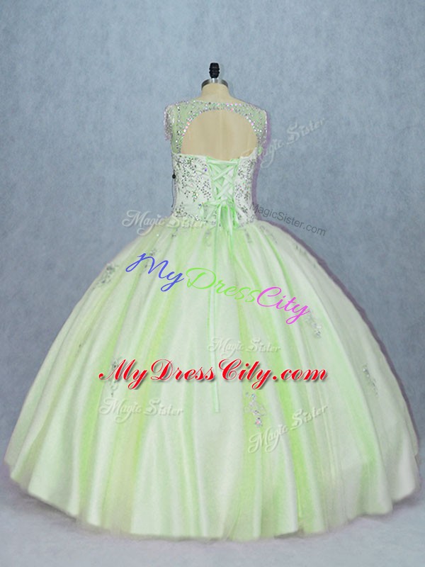 Yellow Green V-neck Lace Up Beading Sweet 16 Quinceanera Dress Sleeveless