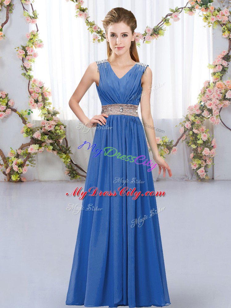 Blue Lace Up Quinceanera Dama Dress Beading and Belt Sleeveless Floor Length