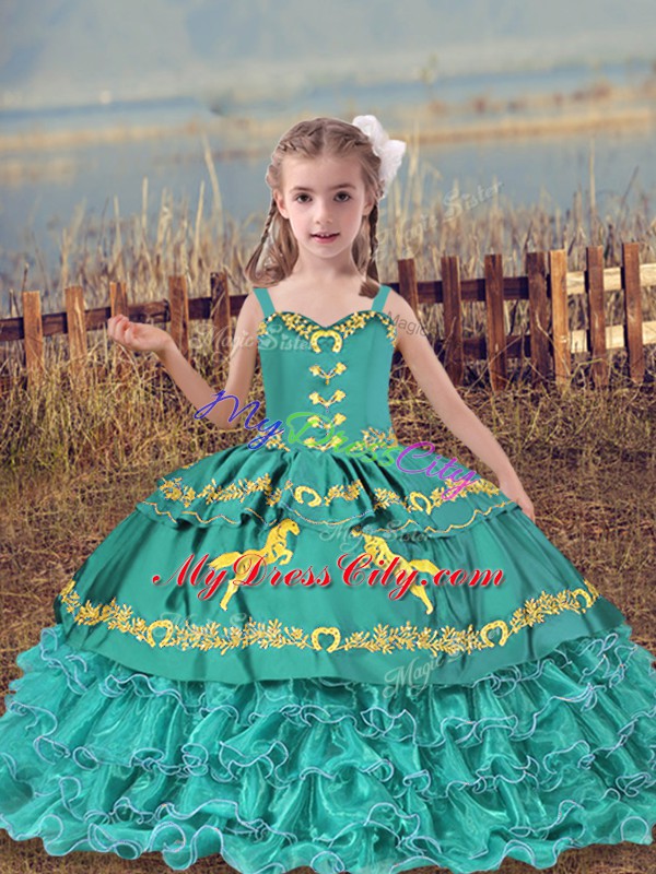 Latest Teal Lace Up Little Girls Pageant Gowns Beading and Embroidery and Ruffled Layers Sleeveless Floor Length