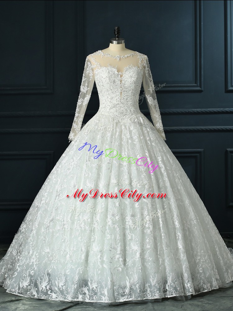 Discount Zipper Wedding Dresses White for Wedding Party with Beading and Lace Brush Train