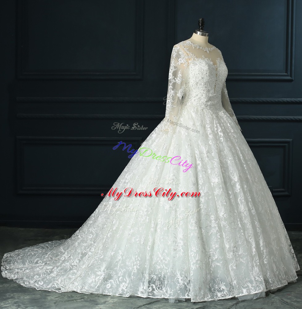 Discount Zipper Wedding Dresses White for Wedding Party with Beading and Lace Brush Train