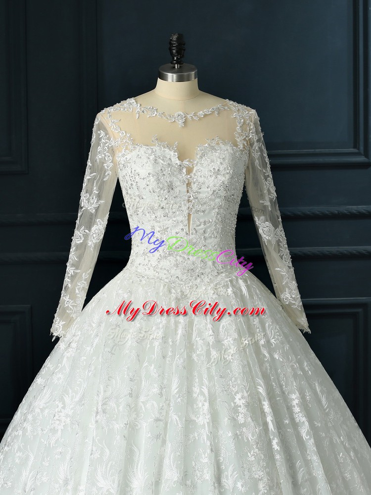 Discount Zipper Wedding Dresses White for Wedding Party with Beading and Lace Brush Train