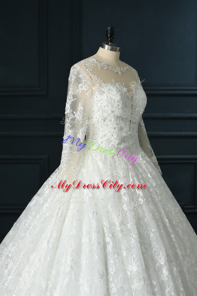 Discount Zipper Wedding Dresses White for Wedding Party with Beading and Lace Brush Train