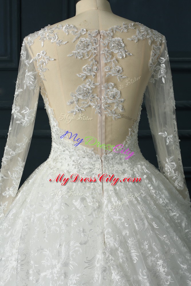 Discount Zipper Wedding Dresses White for Wedding Party with Beading and Lace Brush Train