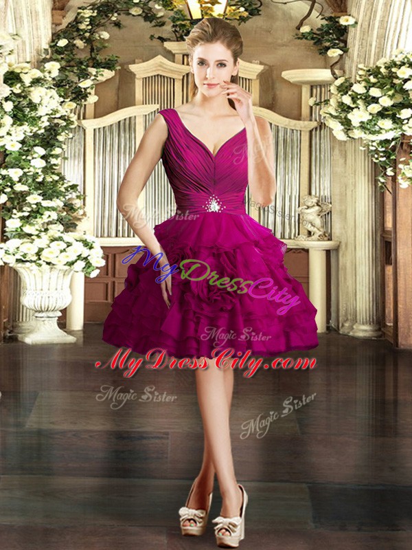 Fuchsia Ball Gowns Beading and Ruffles Backless Organza Sleeveless Mini Length