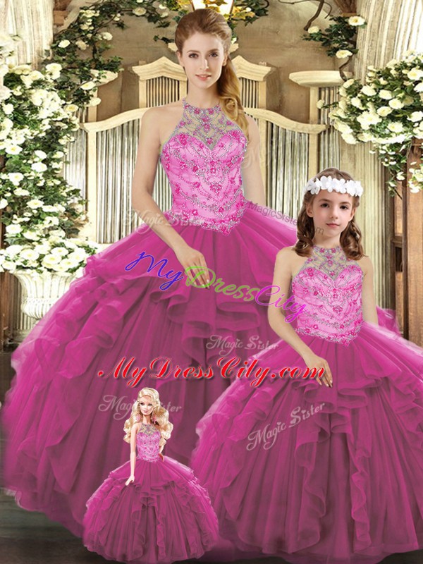 Custom Fit Ball Gowns 15 Quinceanera Dress Fuchsia Halter Top Tulle Sleeveless Floor Length Lace Up