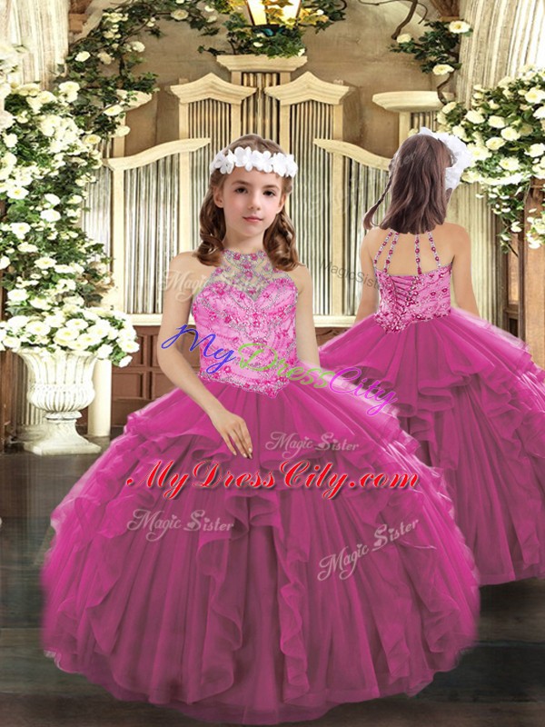 Custom Fit Ball Gowns 15 Quinceanera Dress Fuchsia Halter Top Tulle Sleeveless Floor Length Lace Up