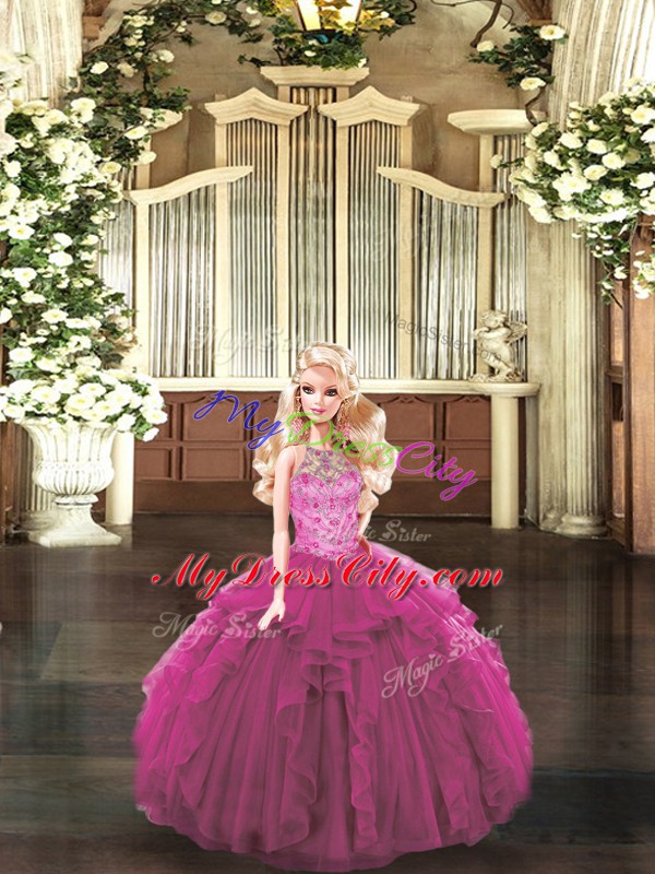 Custom Fit Ball Gowns 15 Quinceanera Dress Fuchsia Halter Top Tulle Sleeveless Floor Length Lace Up