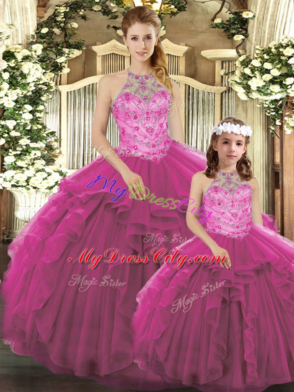 Custom Fit Ball Gowns 15 Quinceanera Dress Fuchsia Halter Top Tulle Sleeveless Floor Length Lace Up