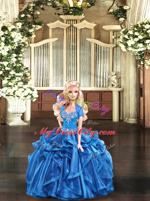 Fitting Floor Length Ball Gowns Sleeveless Blue Ball Gown Prom Dress Lace Up