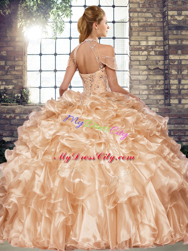 Nice Halter Top Sleeveless Organza Quinceanera Gowns Beading and Ruffles Lace Up