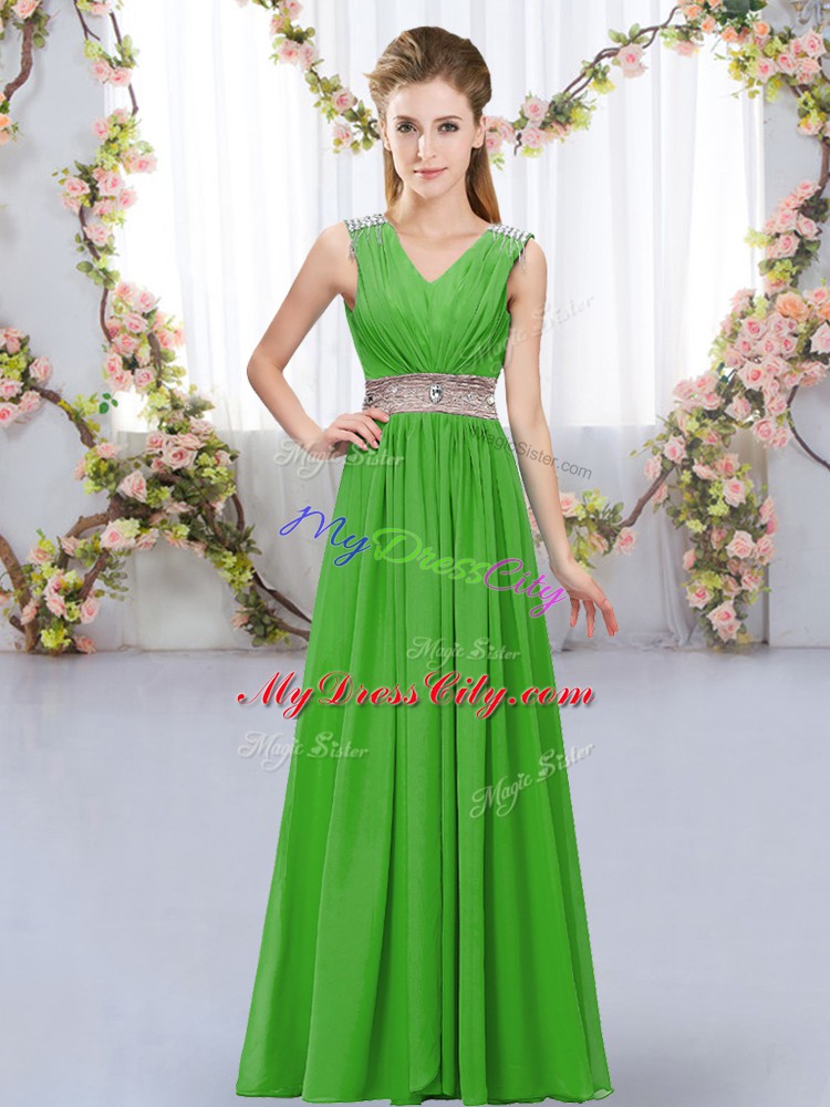 Smart Sleeveless Lace Up Floor Length Beading and Belt Bridesmaids Dress