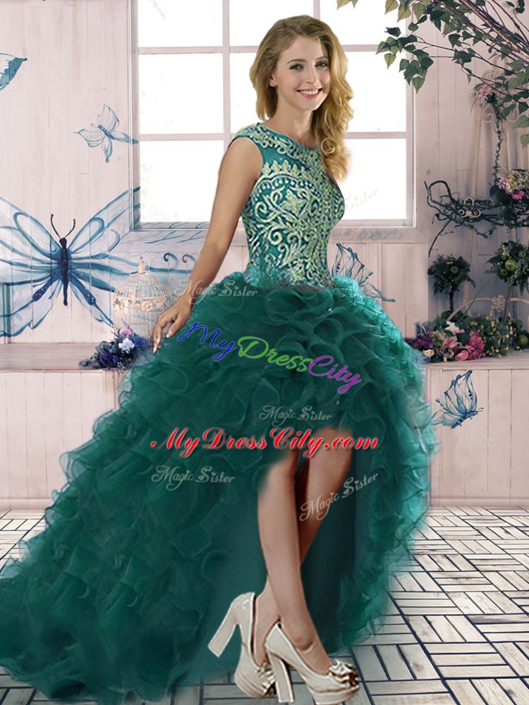 New Style Dark Green Sleeveless High Low Embroidery and Ruffles Lace Up Dress for Prom