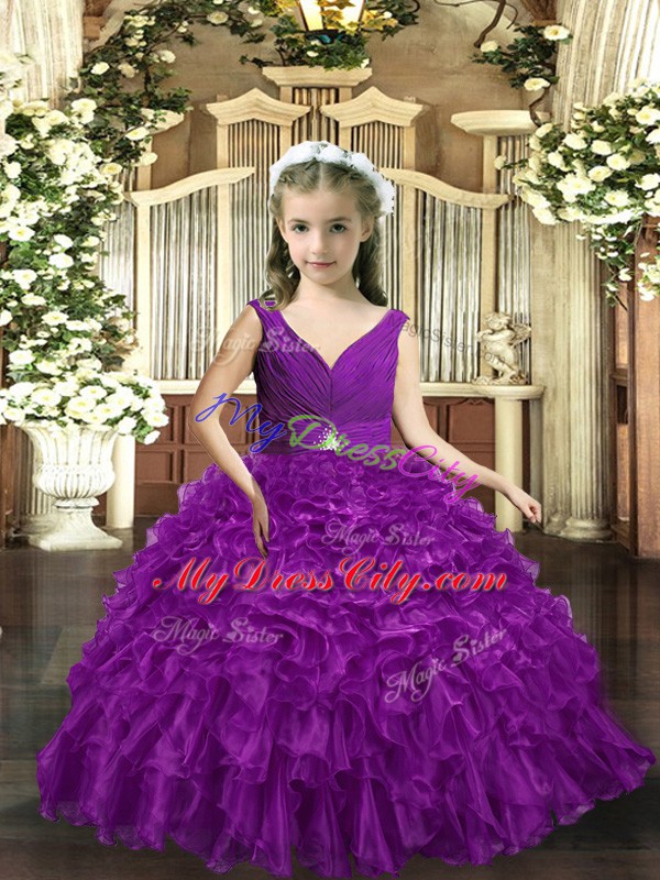 Eggplant Purple Sleeveless Organza Backless Pageant Gowns for Party and Sweet 16 and Wedding Party