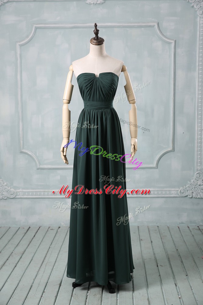 High End Green Zipper Strapless Ruching Prom Dresses Chiffon Sleeveless