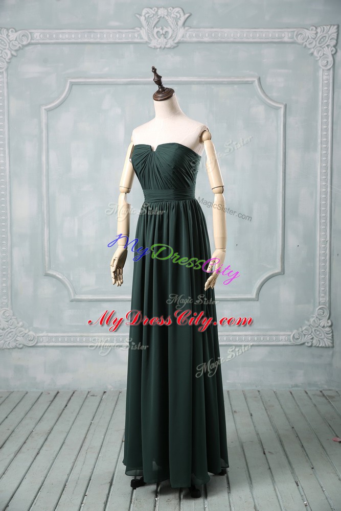 High End Green Zipper Strapless Ruching Prom Dresses Chiffon Sleeveless