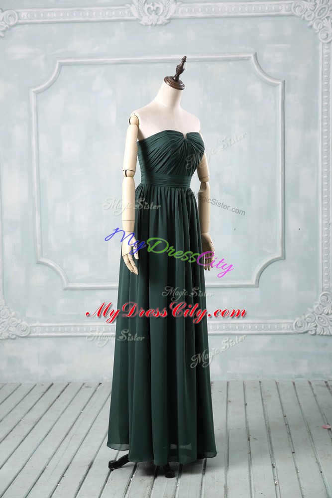 High End Green Zipper Strapless Ruching Prom Dresses Chiffon Sleeveless