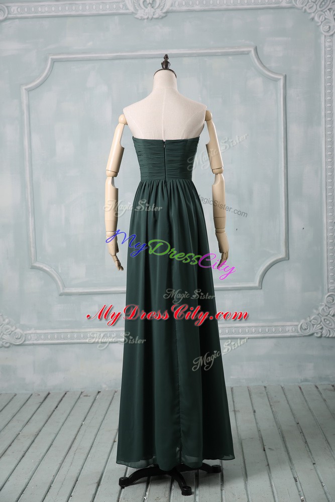 High End Green Zipper Strapless Ruching Prom Dresses Chiffon Sleeveless