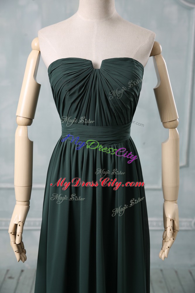 High End Green Zipper Strapless Ruching Prom Dresses Chiffon Sleeveless