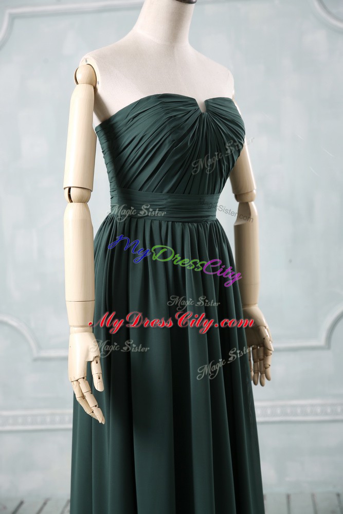 High End Green Zipper Strapless Ruching Prom Dresses Chiffon Sleeveless