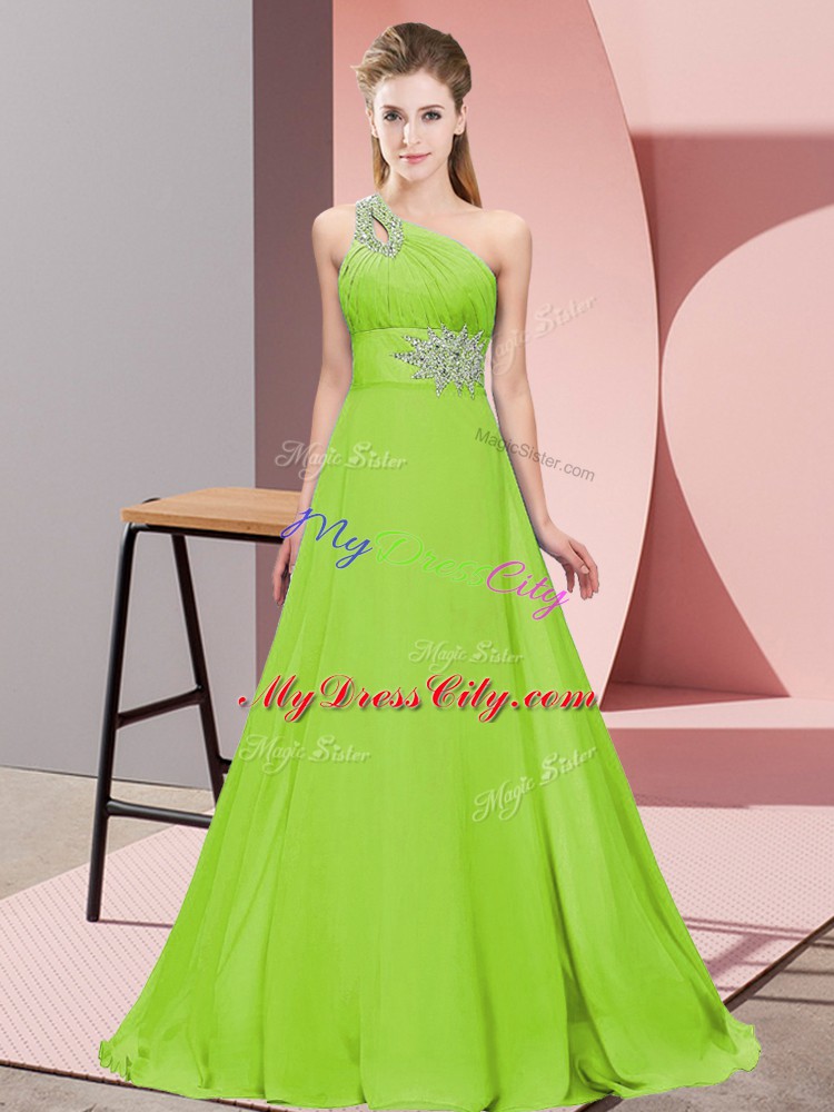 Chiffon One Shoulder Sleeveless Brush Train Lace Up Beading in Yellow Green