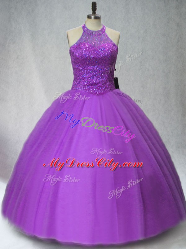 Clearance Tulle Halter Top Sleeveless Lace Up Beading Quinceanera Dress in Purple