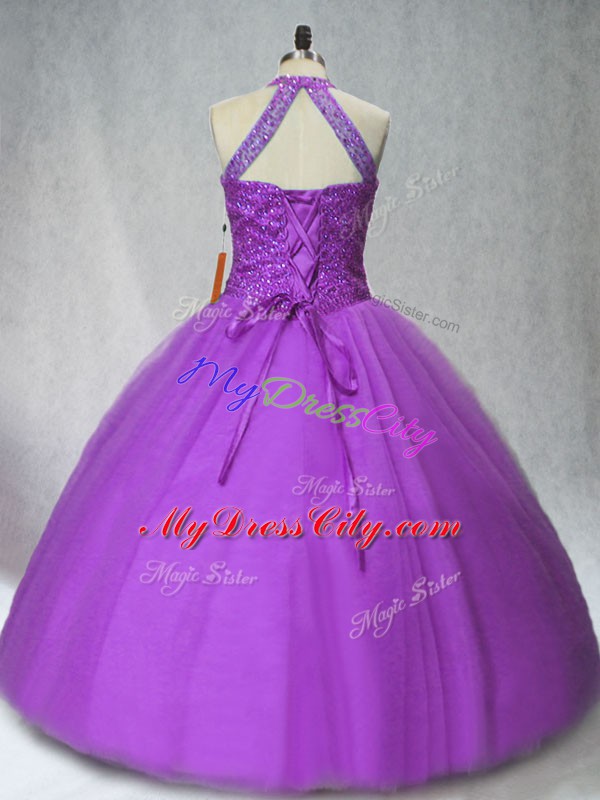 Clearance Tulle Halter Top Sleeveless Lace Up Beading Quinceanera Dress in Purple