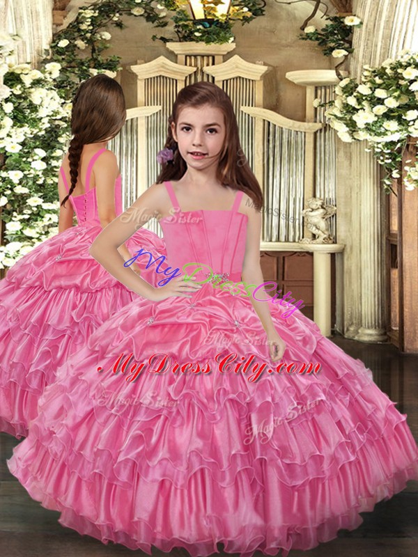 Best Sleeveless Floor Length Ruffled Layers Lace Up Glitz Pageant Dress with Rose Pink