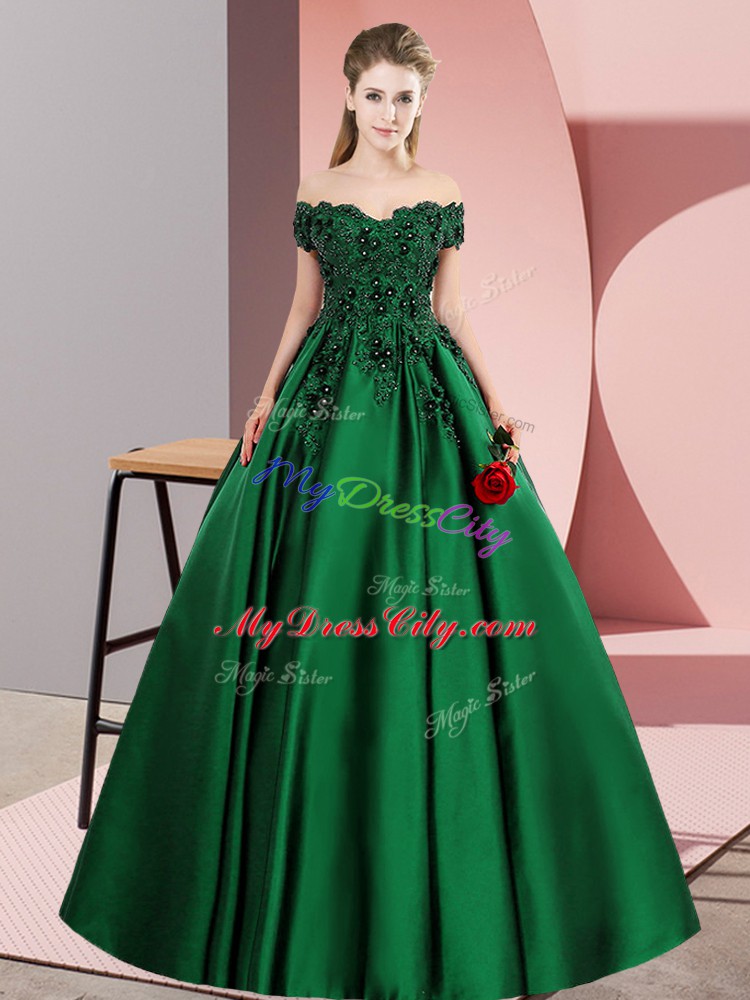 Green Zipper Off The Shoulder Lace Quinceanera Gown Satin Sleeveless