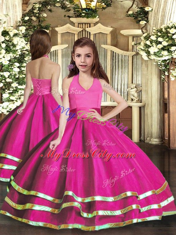 Fuchsia Halter Top Lace Up Ruffled Layers Little Girls Pageant Dress Wholesale Sleeveless