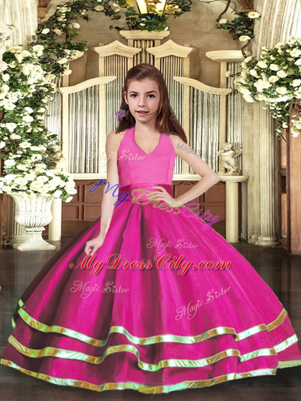 Fuchsia Halter Top Lace Up Ruffled Layers Little Girls Pageant Dress Wholesale Sleeveless