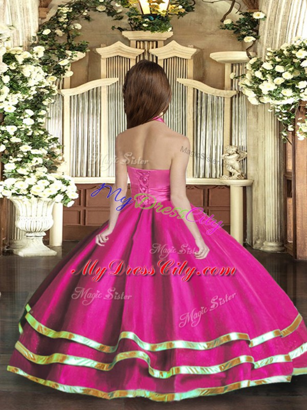 Fuchsia Halter Top Lace Up Ruffled Layers Little Girls Pageant Dress Wholesale Sleeveless