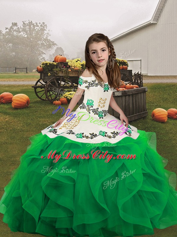 Custom Fit Straps Sleeveless Lace Up Kids Formal Wear Green Organza