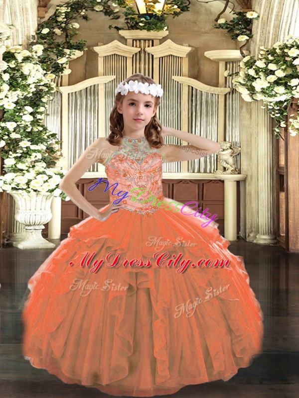 Ball Gowns Little Girl Pageant Gowns Orange Halter Top Tulle Sleeveless Floor Length Lace Up