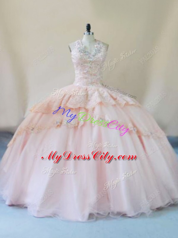 Peach Sleeveless Tulle Lace Up 15th Birthday Dress for Sweet 16 and Quinceanera