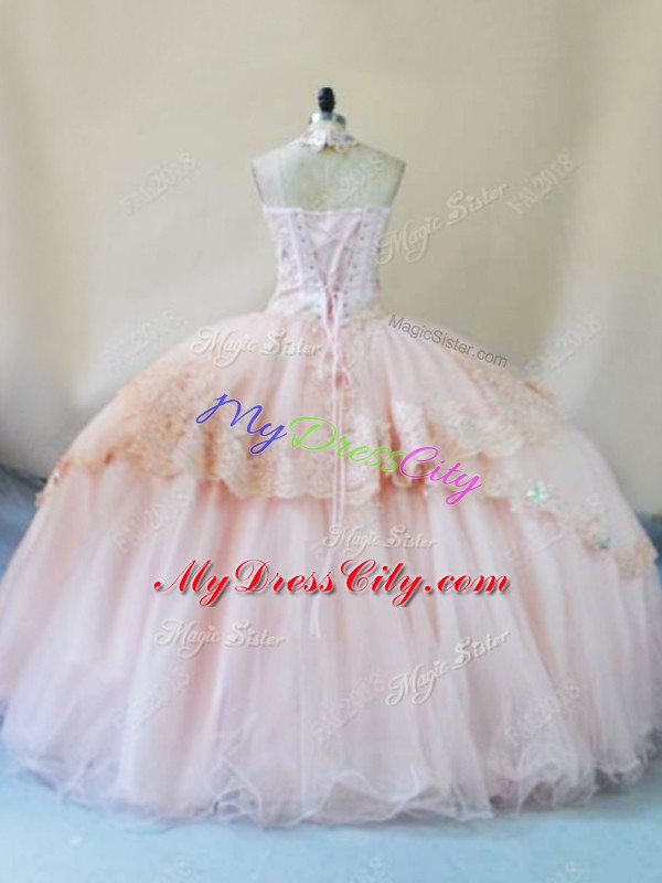 Peach Sleeveless Tulle Lace Up 15th Birthday Dress for Sweet 16 and Quinceanera